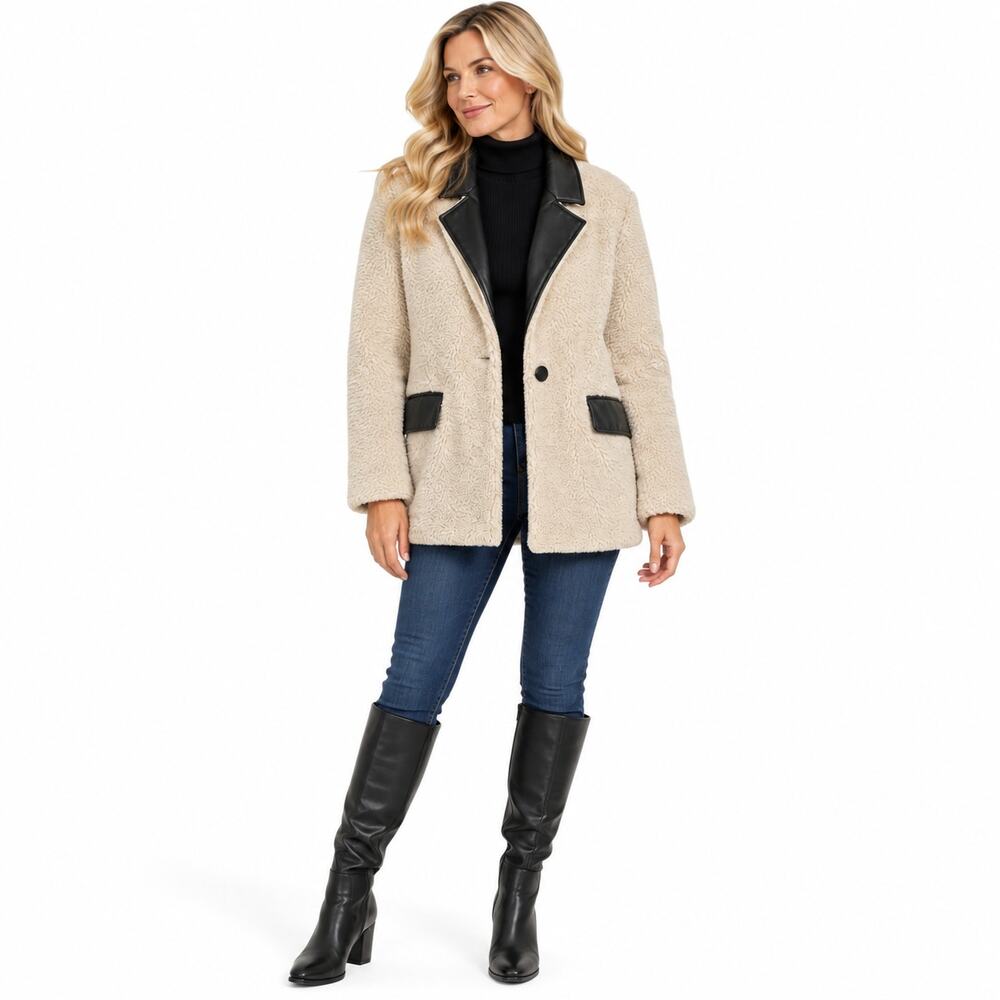 WeWoreWhat Womens Faux Fur Blazer Jacket Size Small Ivory Cozy Fall Teddy Coat